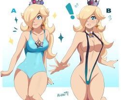 ! 1girls absurd_res blonde_hair blue_eyes crown earrings female female_only hair_over_one_eye karbuitt long_hair mario_(series) nintendo princess_rosalina skimpy slingshot_swimsuit solo sparkles strip_game super_mario_galaxy swimsuit twitter_strip_game_(meme)