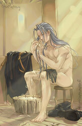 1boy ass bathing bucket closed_eyes commission final_fantasy final_fantasy_vii glassshard gloves indoors long_hair male male_focus male_only naked nude sephiroth silver_hair sitting soap_bubbles soap_suds solo solo_focus sunlight_rays washing wet_hair