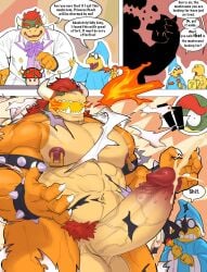 3boys abs anthro balls big_penis bowser clothing comic dialogue erection fire fire_breathing fishingmanmax furry furry_only genitals gigantic_penis glasses horns huge_cock kamek king koopa koopa_troopa large_penis larger_male magic_wand male male_nipples male_only mario_(series) massive_penis nintendo nipple_piercing nipples open_mouth penis red_hair reptile ripped_clothing royalty scalie size_difference smaller_male text veiny_penis white_clothing