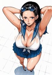 ai_generated alluring almost_naked almost_nude big_breasts blue_eyes blush breasts female female_only glasses glasses_on_head long_hair looking_at_viewer massive_breasts nico_robin one_piece school_girl school_uniform schoolgirl schoolgirl_uniform seducing seduction seductive seductive_body seductive_eyes seductive_gaze seductive_look seductive_mouth seductive_pose shiny_hair shiny_skin skirt sunglasses sunglasses_on_head sweat sweatdrop sweating sweaty sweaty_body uniform voluptuous voluptuous_female yashin