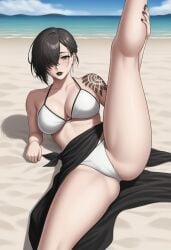 akeha beach bikini black_hair black_lipstick female female_only looking_at_viewer nier_(series) nier_reincarnation one_leg_up pale-skinned_female white_bikini