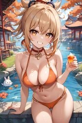 ai_generated bangs big_ass big_breasts big_breasts big_butt bikini blonde_female blonde_hair blonde_hair blonde_hair_female cameltoe choker front_view genshin_impact hair_between_eyes hair_ornament high_resolution highres hoyoverse jasse looking_at_viewer looking_back outdoors outside standing yoimiya_(genshin_impact)