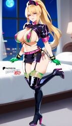 ai_generated belt bikini black black_skin blonde_hair blue_hair boosterred99 cosplay costume fate/grand_order fate_(series) florence_nightingale_(fate) florence_nightingale_(trick_or_treatment)_(fate) full_body garter_belt green_gloves halloween hat large_breasts large_legs latex legs long_hair makeup o-ring one_leg_up pony_diffusion_xl ponytail samus_aran samus_aran_(cosplay) seductive_look seductive_smile shrug skirt standing thigh_boots thighhigh_boots