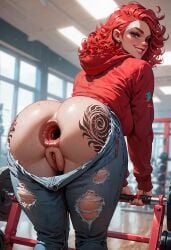 ai_generated anus blue_eyes curly_hair exposed_ass female gaping_anus huge_anus muscular_female red_hair ripped_clothing ripped_pants tattoo tattoos