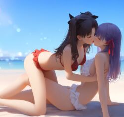 ai_generated beach black_hair blush closed_eyes fate/stay_night fate_(series) incest kissing matou_sakura open_mouth outdoors purple_hair sisters sitting tohsaka_rin tongue yuri