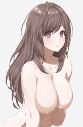 blush brown_eyes brown_hair female_focus female_only full_lips gray_background grey_background idolmaster idolmaster_shiny_colors kaminari_doon large_breasts leaning_forward long_hair looking_at_viewer nude simple_background topless tsukioka_kogane upper_body