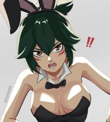 angry_expression angry_face blizzard_entertainment bunny_costume bunny_suit bunnysuit green_hair kiriko_(overwatch) kiriko_kamori looking_at_viewer overwatch overwatch_2 selvish94 yellow_sclera