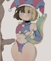 1boy 1futa 1girl alternate_costume anonymous_male bangs bayaverse bikini_bottom black_hair blonde_hair blush bulge bulge_through_clothing choker clown clown_girl collared_shirt cosplay crop_top dragon dragon_girl dragon_tail exposed_midriff flat_chest flat_chested flat_chested_futanari futanari green_eyes hoshoidk huge_thighs jester jester_cap jester_hat kanna_kobayashi light_skin lizard_tail male midriff midriff_baring_shirt partial_male pomni_(cosplay) pomni_(the_amazing_digital_circus) short_hair short_hair_female size_difference sleeveless_shirt sleeves split_hair_colors standing striped_clothing surprise surprised tail the_amazing_digital_circus thick_thighs trans_woman transfem two_tone_hair wide_hips