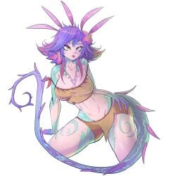 1girls breasts chameleon_humanoid cleavage clothed clothing female flower flower_in_hair freckles girl gradient_hair hourglass_figure large_breasts league_of_legends lips midriff necklace neeko orange_eyes purple_hair riot_games shorts slit_pupils tail thick_thighs thighs vastaya yellow_eyes