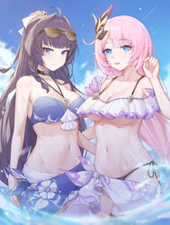 2girls big_breasts bikini blue_eyes blush breasts choker elysia_(honkai_impact) honkai_impact honkai_impact_3rd midriff multiple_girls navel pink_hair pointy_ears purple_eyes purple_hair raiden_mei swimsuit thick_thighs thighs wet wood_cube