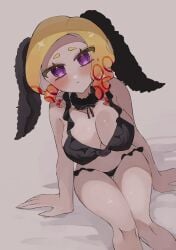 1girls bed bed_sheet big_breasts black_bra black_panties blush bra breasts cleavage curly_hair female female_only large_breasts looking_at_viewer nintendo octoling octoling_girl panties purple_eyes sitting smchan_hll solo solo_female solo_focus splatoon splatoon_3 tentacle tentacle_hair underwear yellow_hair