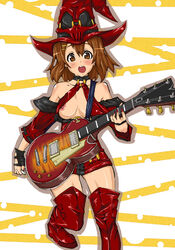 bare_shoulders blush boots breasts brown_eyes brown_hair cleavage cosplay dress embarrassed female female_only fingerless_gloves gloves guilty_gear guitar hair_ornament hairclip hat human human_only i-no_(cosplay) instrument k-on! leather les_paul makai nail_polish nipple_slip nipples open_mouth red_legwear red_thighhighs short_dress short_hair skirt skull solo standing thigh_boots thighhighs witch witch_hat yui_hirasawa_(k-on!) zettai_ryouiki