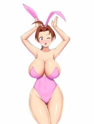 1girl big_breasts blush bunny_costume bunny_ears bunny_girl bunny_suit delia_ketchum_(pokemon) legs_crossed mangakay84 mature_female mature_woman milf pokemon saggy_breasts shiny_skin thick_thighs winking_at_viewer