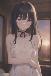 1girls ai_generated bare_shoulders belly_button choker dark_hair female lace looking_at_viewer navel night_gown nightgown ribbon seductive seductive_look see-through see-through_clothing see_through see_through_clothing stable_diffusion sunset