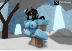 1boy 1girls 3d ahe_gao big_breasts black_hair blackhornzz blue_skin carrying grabbing_from_behind horns ice interspecies nipples roblox robloxian suspended_in_midair tagme twitter_username vaginal_penetration winter