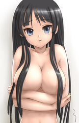 bangs bare_shoulders black_hair blue_eyes blunt_bangs breast_hold breasts bust censor_hair censored convenient_censoring crossed_arms female female_only hair_over_breasts hime_cut human human_only k-on! large_breasts long_hair mio_akiyama_(k-on!) nude rasukaru solo topless