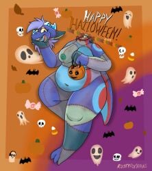 akira_(rustyfoxdraws) akira_orion_(rustyfoxdraws) anthro ass bandage bat belly big_breasts big_butt bone breasts candy cartoony_violence clothing costume cracked_horn dessert detachable detachable_head dragon female food hair halloween halloween_costume headless holidays horn huge_breasts huge_butt jack-o'-lantern kobold looking_at_viewer mammal miss-matched_body mythological_creature mythological_scalie mythology nipples nude patchwork_creature rustyfoxdraws scalie skeleton slightly_chubby smile solo stitch_(sewing) tail text thick_thighs wide_hips