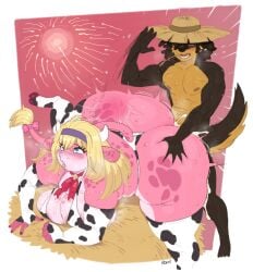 1boy 1girls accessory animal_print anthro ass big_breasts big_butt blonde_hair blue_eyes bodily_fluids bovid bovine bow_ribbon breasts butt_slap canid canine canis cattle clothing cow_print cow_print_armwear cow_print_bikini cow_print_thighhighs cum cum_in_pussy cum_inside cumshot doggy_style domestic_dog duo ejaculation female fingerless_gloves fur furgonomics genital_fluids gloves hair hair_accessory hairband handwear hat headgear headwear hi_res horn huge_butt impregnation interspecies interspecies_impregnation larger_female legwear male male/female mammal ovum pink_body pink_fur ribbons roly size_difference slap smaller_male spanking sperm_cell straw_hat sweat tail tail_accessory tail_bow tail_ribbon tail_tuft thick_thighs thigh_highs tuft