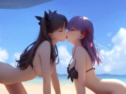 ai_generated almost_naked beach bikini black_hair blush closed_eyes drooling fate/stay_night fate_(series) incest kissing leaning_forward making_out matou_sakura open_mouth outdoors purple_eyes purple_hair saliva sisters tohsaka_rin topless yuri