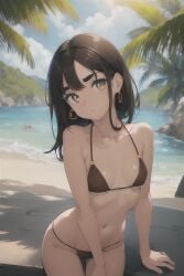 1girls ai_generated amber_eyes beach bikini bikini_bottom bikini_top brown_bikini brown_hair earrings female head_tilt looking_at_viewer small_breasts stable_diffusion young young_female younger_female