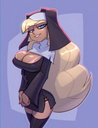 big_hair bigdad bikini_tan black_dress blonde_hair blue_eyes cropped_legs gravity_falls large_breasts looking_at_viewer nun nun's_habit nun_outfit pacifica_northwest short_dress simple_background standing tan_body tanline thighhighs very_long_hair