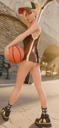 ass basketball fortnite half-dressed helsie_(fortnite) jersey looking_back outside pose see-through_clothing sweat tm04 top_only