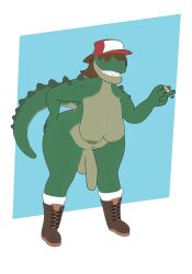 abstract_background alligator alligatorid anthro areola balls baseball_cap belly bent_over big_breasts big_tail boots breasts brown_boots brown_clothing brown_footwear brown_hair cigarette clothing crocodilian dege3 fingers flaccid footwear foreskin front_view genitals green_body green_nipples green_penis green_spikes gynomorph hair hair_over_eye hand_on_hip hat headgear headwear hi_res holding_cigarette holding_object humanoid_genitalia humanoid_penis intersex nipples nude overweight overweight_gynomorph overweight_intersex penis red_clothing red_hat red_headwear redneck reptile scalie sharp_teeth shoes smile smoking snout socks solo spiked_tail spikes spikes_(anatomy) standing tail teeth