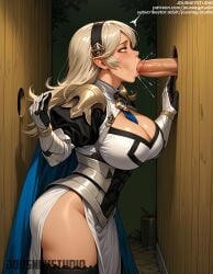 1boy :>= ai-created ai_generated armor artist_name bangs black_hairband black_thighhighs blonde_hair blue_cape blush breasts cape cleavage clothing corrin_(female)_(fire_emblem) corrin_(fire_emblem)_(female) dress english_text fellatio female fire_emblem fire_emblem_if gauntlets glory_hole gloves grey_hair hairband headwear irrumatio jousneystudio juliet_sleeves kamui_(fire_emblem) large_breasts legwear long_hair long_sleeves looking_at_viewer looking_up male oral pelvic_curtain penis puffy_sleeves red_eyes saliva solo_focus straight text thighhighs thighs uncensored