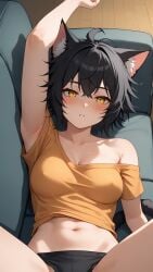 ai_generated arms_up bangs bankonit black_hair blush cat_ears catgirl cleavage covered_nipples freckles freckles_on_breasts freckles_on_face freckles_on_shoulders legs_apart legs_up looking_at_viewer medium_breasts midriff navel nipples_visible_through_clothing original_character panties parted_lips short_hair shoulders single_bare_shoulder solo stable_diffusion t-shirt tail underwear yellow_eyes