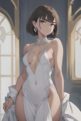 1girls ai_generated bare_shoulders brown_hair brunette_hair cleavage dress earrings elegant female hips looking_at_viewer short_hair sideboob stable_diffusion white_dress