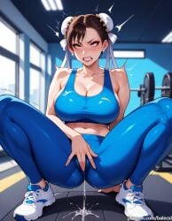 ai_generated balecxi bare_shoulders blue_sports_bra brown_eyes brown_hair bun_cover chun-li cleavage clenched_teeth collarbone double_bun earrings exercise female female_ejaculation female_masturbation female_orgasm fingering gym hair_bun indoors jewelry large_breasts makeup navel pants pussy_juice rolling_eyes shoes short_hair sneakers solo sports_bra sportswear spread_legs squatting street_fighter street_fighter_6 sweat thighs yoga_pants