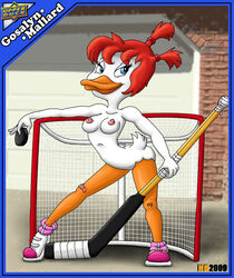 2009 anthro avian bandaid bird blue_eyes breasts darkwing_duck disney duck female female_only gosalyn_mallard hentai_boy hockey_puck hockey_stick holding_object mostly_nude nipples red_hair solo standing