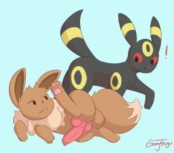 2boys absurd_res animal_genitalia animal_penis balls black_body black_fur blush blush_lines brown_body brown_fur canine_genitalia canine_penis duo eevee eeveelution exclamation_point feral fur gay generation_1_pokemon generation_2_pokemon genitals gooeythings hi_res male male/male mane nintendo paws penis pokemon pokemon_(species) presenting red_eyes simple_background smug umbreon white_mane