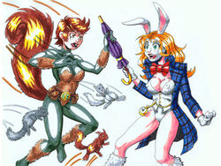 2girls brown_eyes brown_hair bunny_ear bunnygirl great_lakes_avengers green_eyes lorina_dodson marvel multiple_girls red_hair spider-man_(series) squirrel squirrel_girl squirrel_girl_(marvel) straight_hair tail white_rabbit white_rabbit_(marvel)