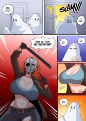 1boy 1girls absurd_res big_breasts breasts cleavage cosplay costume english_text female female_focus halloween hi_res jason_voorhees_(cosplay) jenn_(parvad) large_breasts light-skinned_female light_skin mask midriff original parvad text