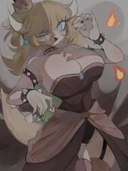 1girls angry black_legwear blonde_hair blue_eyes bowsette cameltoe collar elf_ears female fully_clothed horns hoshoidk large_ass large_breasts legs long_hair looking_at_viewer looking_down mario_(series) nintendo revealing_clothes sharp_teeth simple_background stockings super_mario_bros. super_mario_world thick_thighs tight_clothing