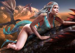 1girls ass barefoot breasts daenerys_targaryen demonlorddante dracophilia dragon dress feet female female_focus floating_hair flying game_of_thrones long_hair looking_away nipples nipples_visible_through_clothing see-through see-through_clothing see-through_dress sky solo solo_female white_hair zoophilia