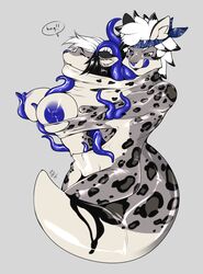 ambiguous_gender anthro areola blue_areola duo felid female hi_res jackson77 living_clothing mammal pantherine simple_background snow_leopard suit_transformation symbiote tentacle transformation unregisteredcat