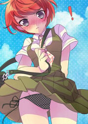 background blush blushing clothing danganronpa danganronpa_2:_goodbye_despair embarrassed frown frowning gray_eyes heavy_blush koizumi_mahiru looking_at_viewer panties pov red_hair short_hair skirt skirt_lift straight_hair super_danganronpa_2 tie upskirt wind