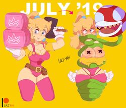 1girls 1other breasts choking cleavage coiling female female_focus huge_breasts lali-yah mario_(series) multiple_views nintendo piranha_plant princess_peach simple_background solo_focus standing strangling super_mario_maker super_mario_maker_2 thick_thighs torn_clothes yellow_background