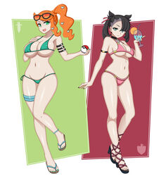 2girls big_breasts bikini black_hair blue_eyes breasts coresix female_only green_eyes hair_ribbon long_hair marnie_(pokemon) micro_bikini nintendo orange_hair pale-skinned_female pale_skin pokeball pokemon pokemon_ss side_ponytail sonia_(pokemon) sunglasses sunglasses_on_head thick_thighs thighs thong twintails