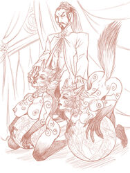 ass ass_up bare_chest breasts chocozell exalted fox_ears fox_girl fox_tail furry furry_ears furry_tail jewelry monochrome nipples partially_clothed sketch straight