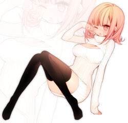 :3 big_breasts brown_hair curvy_hair cute danganronpa danganronpa_2:_goodbye_despair long_sleeves nanami_chiaki one_eye_closed pink_hair short_hair sitting sitting_on_floor sleepy sleeves straight_hair super_danganronpa_2 sweater sweater_dress turtleneck white_background white_clothing