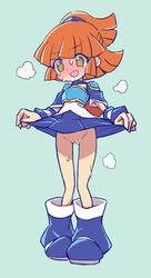 1girls arle_nadja armor betuni blue_background blush boots clothing eyebrows_visible_through_hair female looking_down no_panties official_style open_mouth orange_hair panting ponytail puyo_puyo shaved_pussy skirt_lift solo spiral_eyes sweat yellow_eyes