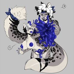 anthro areola blue_areola duo felid female hi_res jackson77 living_clothing mammal pantherine simple_background snow_leopard suit_transformation symbiote tentacle transformation unregisteredcat