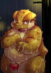 2013 amphibian anthro belly blush censored chiro_(artist) frog genitals kemono male male_only messiah_rundall night outside overweight overweight_anthro overweight_male penis raining solo wet