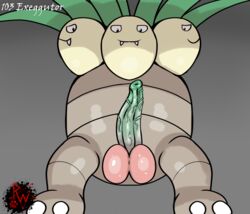 2020 animal_genitalia balls big_balls big_penis biped digital_media_(artwork) elemental_creature erection exeggutor feral flora_fauna generation_1_pokemon genitals hi_res looking_at_viewer low-angle_view male male_only nintendo penis plant pokemon pokemon_rgby rapistwerewolf simple_background smile solo vein veiny_penis video_games worm's-eye_view