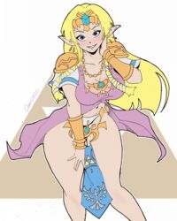 1girls belly_button big_breasts blonde_hair blue_eyes bracelets earrings hand_on_face hand_on_leg hylian large_hips light-skinned_female long_hair looking_at_viewer mcharltonq necklace nintendo no_pants panties princess_zelda simple_background smiling smiling_at_viewer the_legend_of_zelda thick_thighs triforce triforce_symbol white_panties zelda_(a_link_between_worlds)