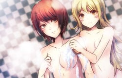 2girls aged_up blonde_hair checkered_background danganronpa danganronpa_2:_goodbye_despair female female_only flat_chest green_eyes koizumi_mahiru long_hair looking_at_another looking_away medium_breasts multiple_girls nervous nude nude_female orange_eyes red_hair saionji_hiyoko short_hair shower showering smaller_female smaller_male smile straight_hair super_danganronpa_2