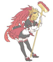 ambiguous_gender bent_over black_legwear brush crossdressing dark_souls dragon_slayer_ornstein fromsoftware girly headgear helmet holding_object hybbat_(artist) legwear looking_at_viewer maid_headdress maid_uniform solo standing stockings tagme white_background white_gloves